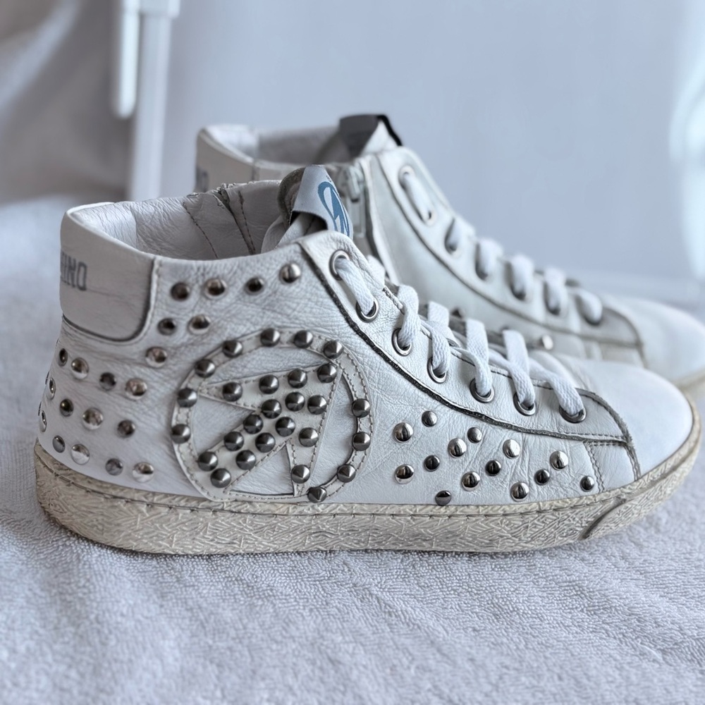 Momino Made in Italy High-Top White Studded Leather Women's Sneakers Size 38 IT - Picture 9 of 11